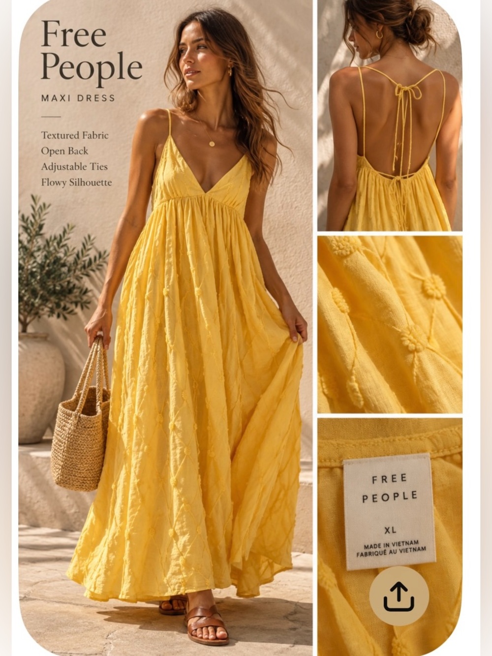 Free People NWT Butter Yellow Textured Open Back Maxi Dress BabyDoll XL